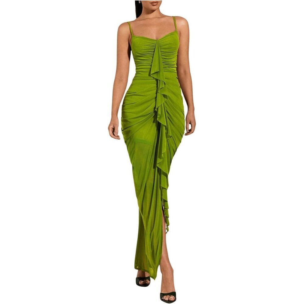 Women's Ruffle Ruched Cami Dress Maxi Elegant Bodycon Slip Green Large